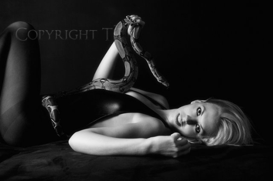 Model Ali with boa constrictor black and white image